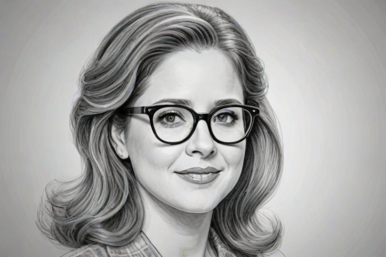 Bewitching Jenna Fischer, pencil sketch, portrait of Delightful woman 1955s in glasses, hair style beatnik, outline, clear lines, fine lines, 8k