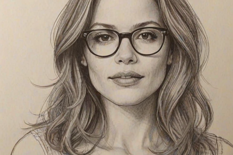 Appealing Bethany Joy Lenz, pencil sketch, portrait of Fetching woman 1975s in glasses, hair style beatnik, outline, clear lines, fine lines, 8k