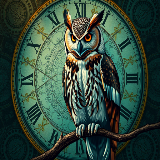 Create a highly detailed digital illustration of a majestic owl perched on a branch, set against an intricate background featuring abstract clock motifs and ethereal patterns, with a focus on vibrant teal and dark brown colors, using a Canon EOS R5 with a 50mm f/1.2 lens, aperture set to f/1.8, ISO 100, and a slight bokeh effect to enhance the mystical ambiance.