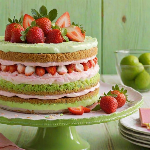 Create a vibrant and colorful layered dessert with three distinct layers: a light green top layer, a pink middle layer, and a creamy white bottom layer. The dessert should have a crumbly graham cracker crust and be garnished with fresh strawberries and lime slices on top. The scene should be bright and inviting, showcasing the dessert on a decorative cake stand with a rustic wooden background.