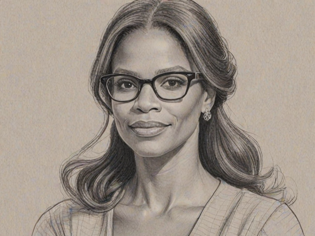 Ravishing Audra McDonald, pencil sketch, portrait of Charming woman 1962s in glasses, hair style beatnik, outline, clear lines, fine lines, 8k