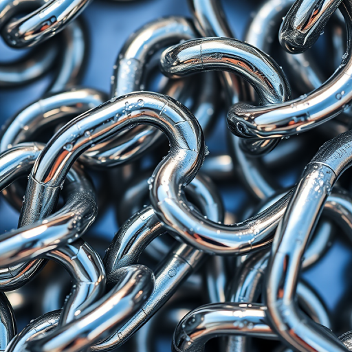 create a high-resolution image of a silver chain link design with intricate reflections and textures, using a Canon EOS R5 with a 50mm lens, aperture set to f/2.8, ISO 100, shot in natural light from a top-down angle to emphasize details and clarity.