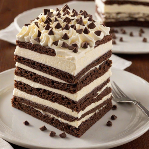 Create an image of a layered dessert featuring chocolate wafer cookies stacked with creamy vanilla frosting. The top should be decorated with swirls of whipped cream and sprinkled with mini chocolate chips. The dessert should be presented on an elegant plate, showcasing a slice that reveals the layers inside.