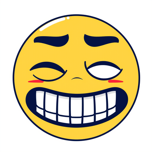 Create a digital illustration of a yellow emoji with a wide grin and half-closed, bloodshot eyes. The design should be bold and expressive, capturing a sense of tired amusement or mischief. The background should be transparent to highlight the emoji's features.