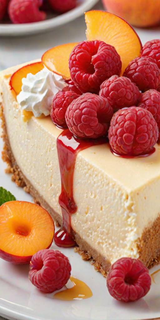 Generate a vibrant and delicious image of a slice of cheesecake topped with fresh peach slices, raspberries, and a swirl of whipped cream. The cheesecake should have a smooth and creamy texture, with a crumbly crust. Include a garnish of mint leaves for an added touch of freshness. The background should be softly blurred to emphasize the dessert.