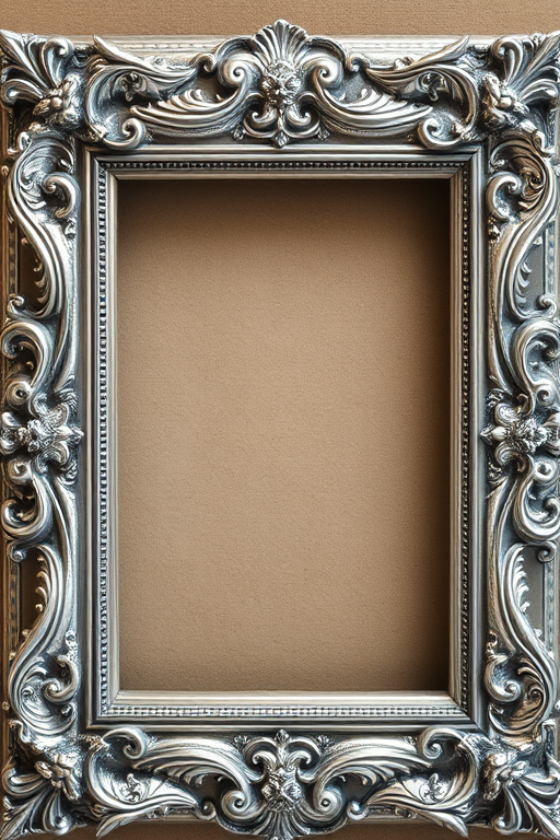 Generate a highly detailed image of a vintage, ornate silver picture frame with intricate carvings and a reflective surface, shot at f/8 aperture, ISO 100, 50mm lens, natural lighting, top-down view, high-resolution DSLR camera.