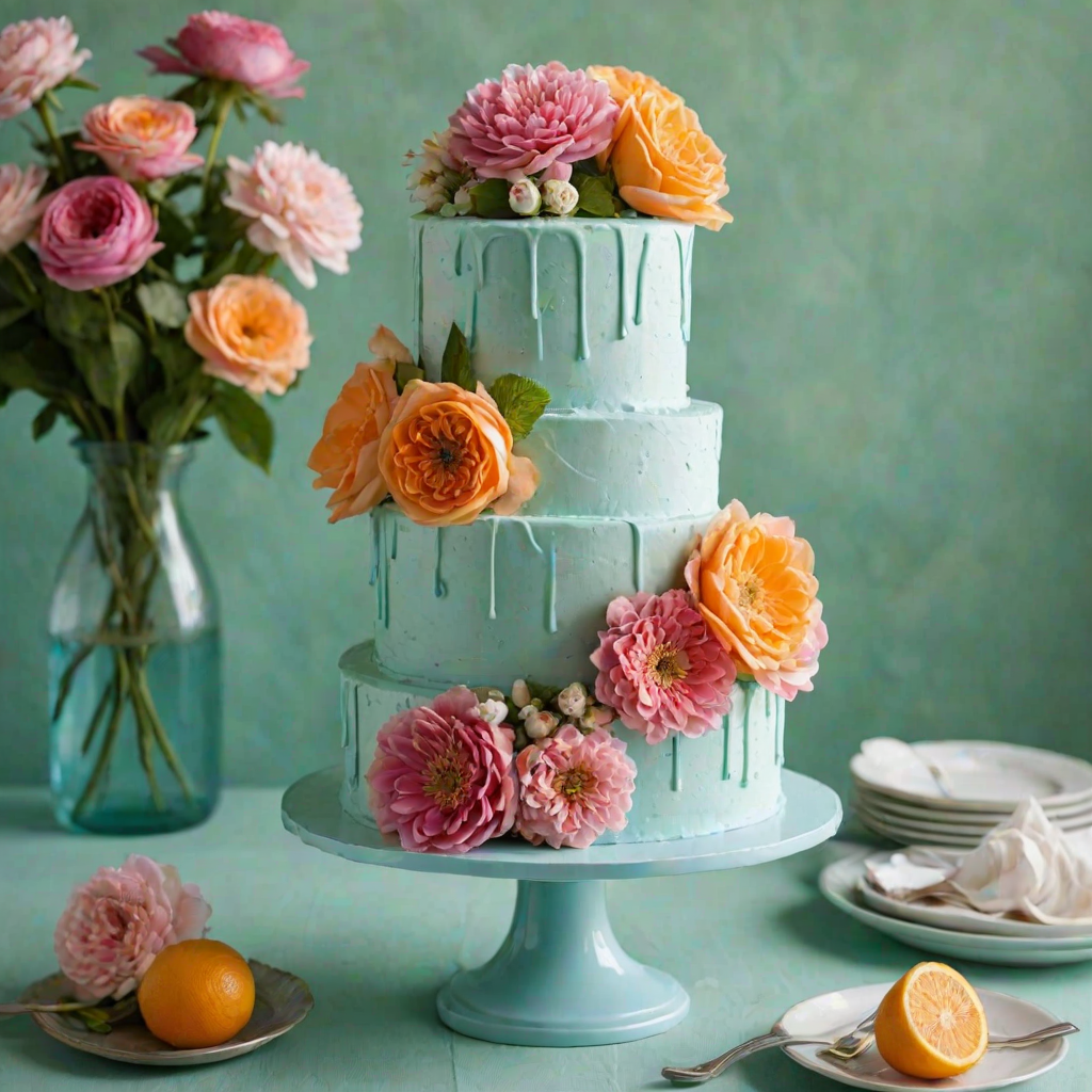 Create an image of a two-tiered cake with a light blue frosting. The cake should be adorned with colorful, delicate flowers in shades of pink, orange, and yellow, cascading down the sides. It should be displayed on a shiny silver cake stand, set against a lush green background.