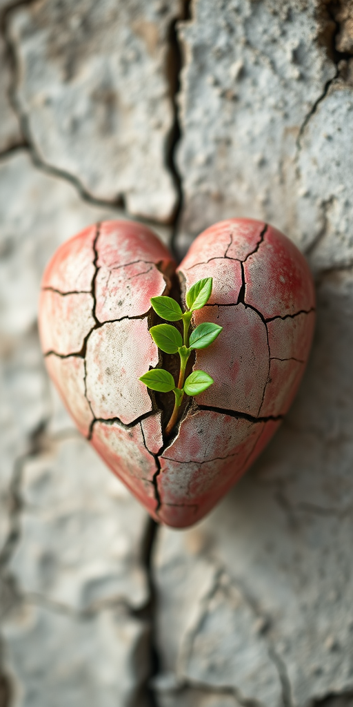 Create an image of a cracked heart with a small green plant growing from the center, using a Canon EOS R5, 50mm lens, f/2.8 aperture, ISO 100, natural lighting, focus on the heart with a blurred background to enhance depth.