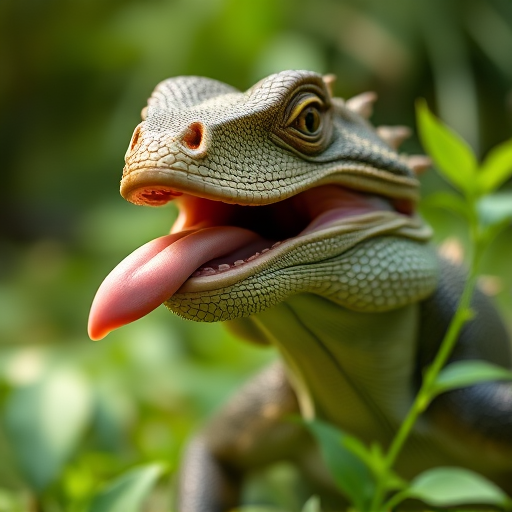 a close-up shot of a komodo dragon with its tongue out in a lush green environment, shallow depth of field, aperture f/2.8, ISO 100, 50mm lens, soft natural light, macro photography style, DSLR camera