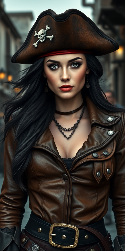 Create a portrait of a fierce female pirate. She wears a leather tricorn hat adorned with a skull and crossbones emblem, and her long, dark hair flows around her face. Her outfit consists of a richly detailed leather jacket, a corset, and multiple layers of belts and accessories, giving her a formidable and stylish appearance. She stands confidently in a dimly lit, historic port town, with a backdrop of weathered buildings and cobblestone streets, capturing the adventurous spirit of a pirate.