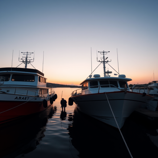 Capture a serene harbor scene at sunset featuring two boats docked side by side, with calm water reflecting the pastel sky, using a DSLR camera, aperture f/8, ISO 100, shutter speed 1/125s, in a wide-angle shot for depth and clarity.