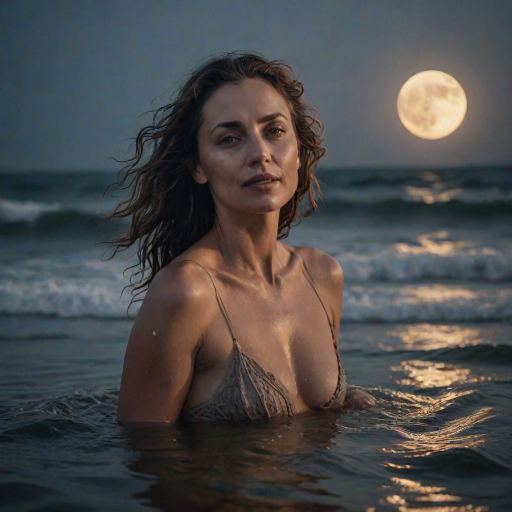 Best photograph, hyperealistic, UHD, HDR, 5D, 35'mm Leica lens, medium shoot of a sensual beautiful mature woman in the water wave the beach, full moon light effect ,Deep focus, intricate details, 35mm lens shot, lovely and romantic sight, cinematic