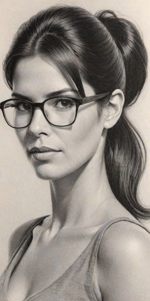 Captivating Patricia Velasquez, pencil sketch, portrait of Enchanting woman 1963s in glasses, hair style beatnik, outline, clear lines, fine lines, 8k