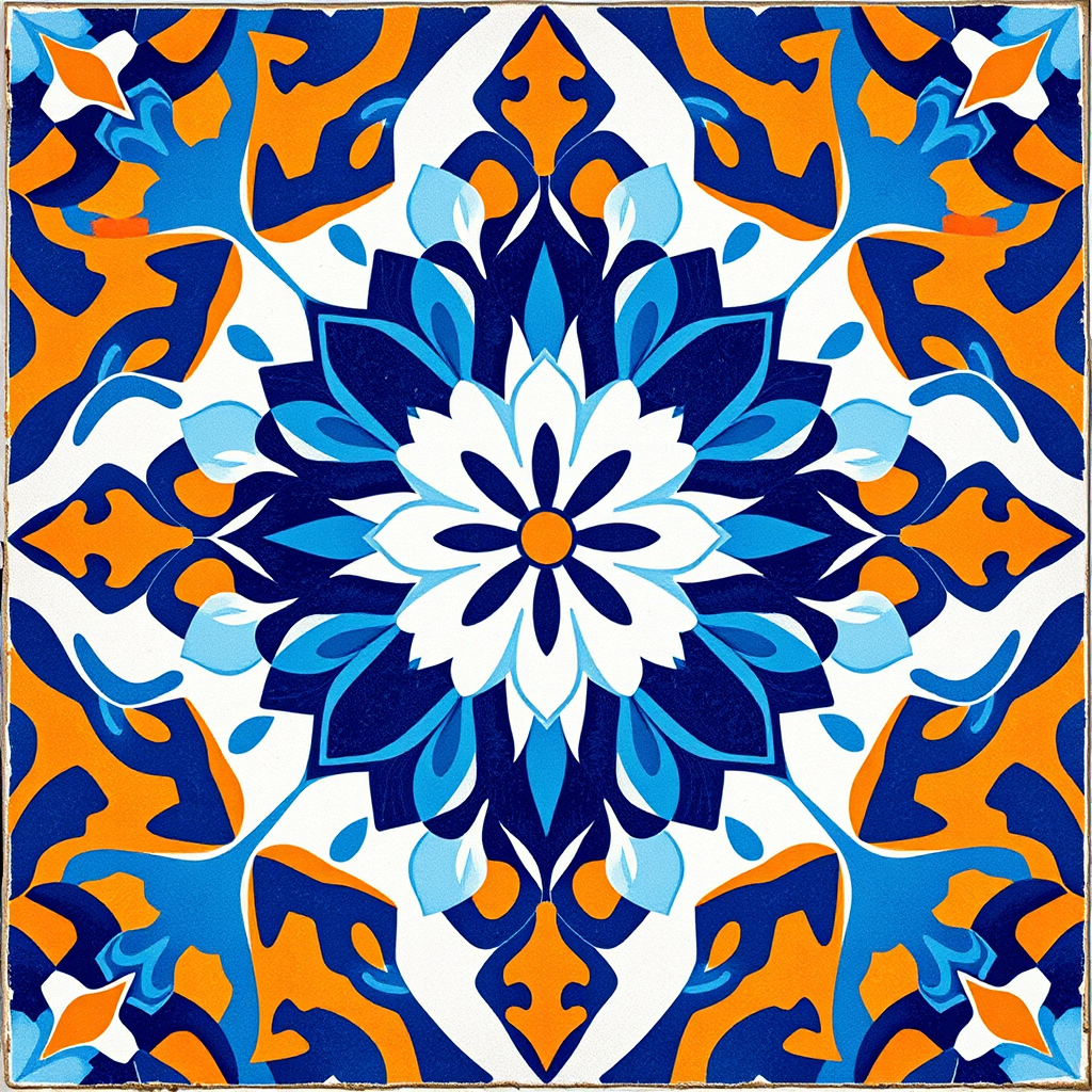 Create a vibrant geometric tile design featuring a large floral pattern at the center with a blue and white color scheme, complemented by orange accents, captured in high resolution with a DSLR camera, 50mm lens, f/1.8 aperture, and a top-down view for clarity and detail.