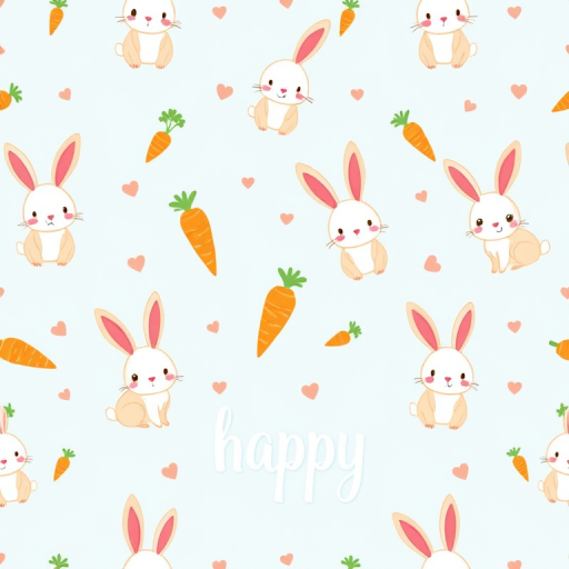 Create a seamless pattern featuring cute cartoon rabbits with long ears, colorful carrots, and the word "happy" in a whimsical font on a soft blue background, captured with a digital camera, 50mm lens, f/2.8 aperture, ISO 200, high-resolution setting.