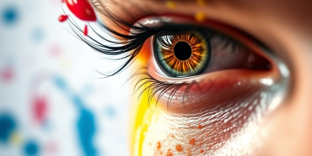 Create a high-resolution artwork of a vivid eye with colorful paint splashes in the background, using a Canon EOS R5 camera with a 50mm f/1.2 lens, aperture set to f/2.8, shutter speed at 1/125s, and ISO 100, captured from a frontal view to enhance depth and detail.