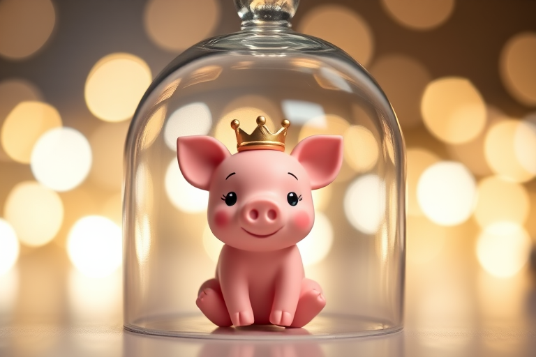 A cute pink pig figurine with a crown sitting in a glass dome filled with soft bokeh lights, taken with a Canon EOS R5, 85mm f/1.4 lens, f/2.8 aperture, ISO 100, using a shallow depth of field for a soft background.