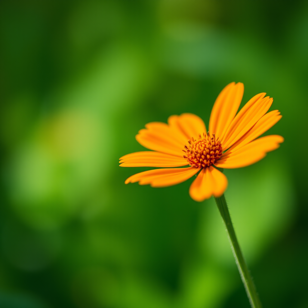 A close-up shot of a single orange flower with a blurred green background, taken with a DSLR camera at f/2.8 aperture, 50mm lens, ISO 100, natural lighting, shallow depth of field.