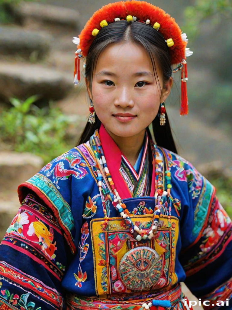 A beautiful Miao girl, wearing colorful bird clothing with vibrant colors