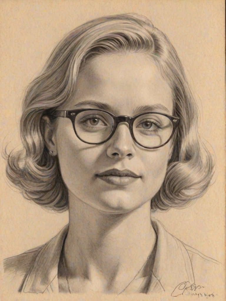 Splendid Lauren Potter, pencil sketch, portrait of Captivating woman 1934s in glasses, hair style beatnik, outline, clear lines, fine lines, 8k