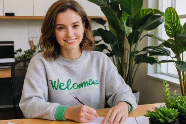 Instagram photo of a woman sitting at a table wearing a light grey sweatshirt with green polka-dots on it, holding a sign that has the writing "Welcome to FLUX!!" written on it. She is looking at the camera with a slight smile and in the background are some office plants on either side of her out of focus