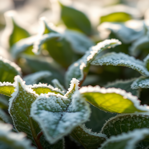 capture a close-up of icy green leaves with frost under soft natural lighting, using a DSLR camera with a 50mm lens, aperture set to f/2.8, shutter speed of 1/200s, and ISO 100 for enhanced detail and clarity