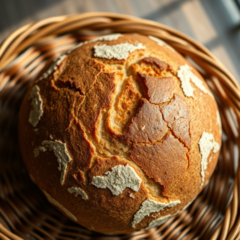 Generate an image of a round artisanal bread loaf with a crackled crust resting in a woven basket, captured with a Canon EOS R5, 50mm f/1.8 lens, aperture set to f/2.8 for shallow depth of field, natural lighting to enhance texture details, and a slightly overhead angle for a warm, inviting composition.