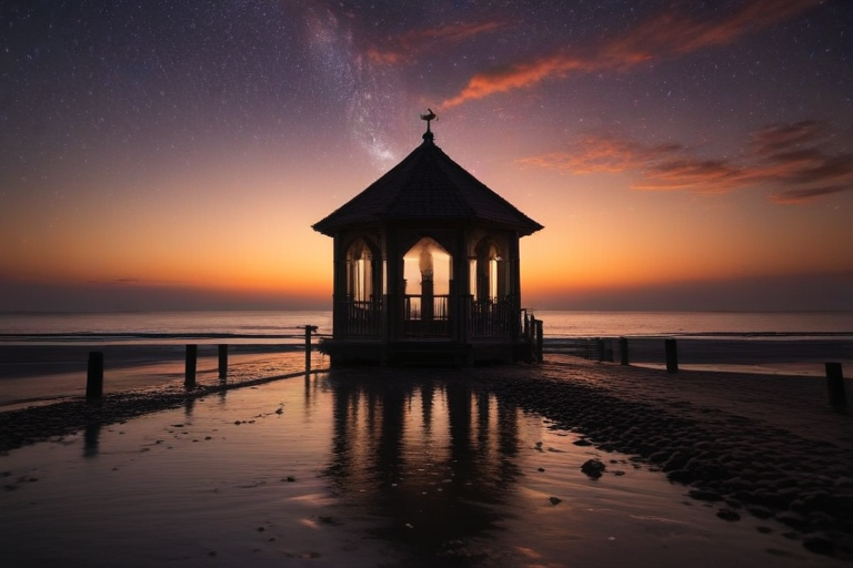 Serene Beach Gazebo Under a Starry Sky at Dusk's Embrace