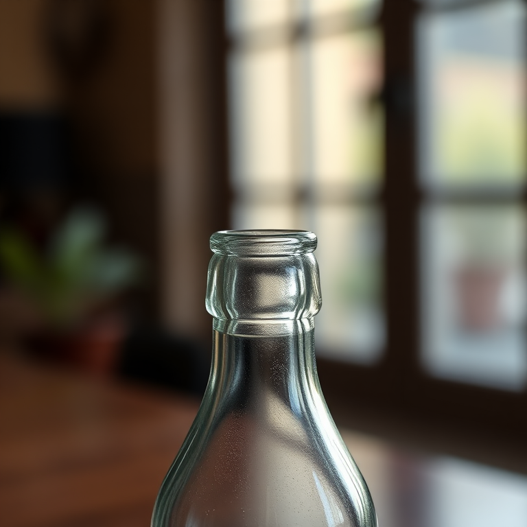 A high-resolution image of a clear glass bottle with a stopper, captured with a Canon EOS 5D Mark IV, 50mm lens, aperture f/1.8, ISO 100, natural light from the side, with a soft focus background.