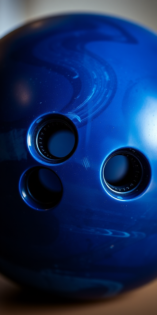 Generate a high-resolution image of a bowling ball with three holes, captured in a close-up view with a shallow depth of field, using a DSLR camera with a 50mm lens at f/1.8, ISO 200, and a soft, diffused lighting setup for smooth gradients.