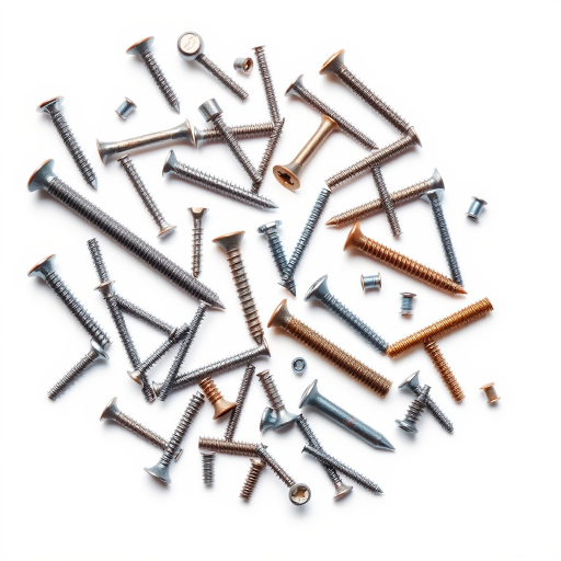 Create a high-resolution vector illustration of assorted nails and screws arranged artistically, using a Canon EOS R5 with a 50mm lens at f/1.8, ISO 100, in natural light, focused view, with a clean white background for contrast.