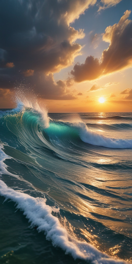 Majestic Ocean Waves Glistening Under a Vibrant Sunset Sky at Dusk