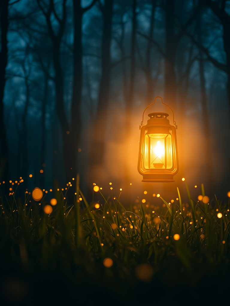 create a serene nighttime forest scene with a glowing lantern surrounded by fireflies in a misty meadow, capture with a Canon EOS R5 at f/2.8, ISO 200, 50mm lens, with a soft focus and high dynamic range to enhance the ethereal quality of the light and atmosphere.