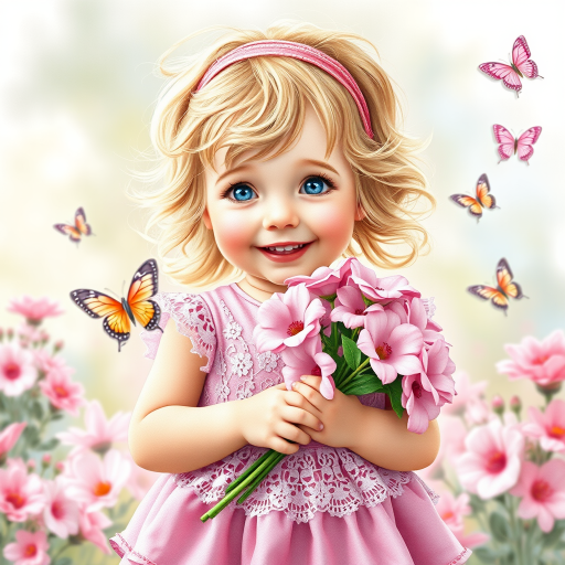 hyperrealism happy smiling toddler girl with messy wavy blonde hair with a headband, she is wearing a pink and white lace dress with pink and white shoes, she is holding a pink bouquet of flowers. Pink flowers and butterflies. summer background. Watercolor Highly detailed