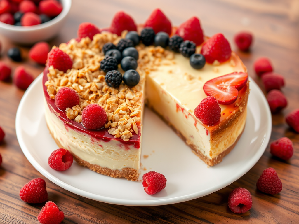 A delicious cheesecake topped with a layer of mixed berries and a crumbly topping, placed on a white plate with fresh raspberries scattered around, set on a wooden surface.