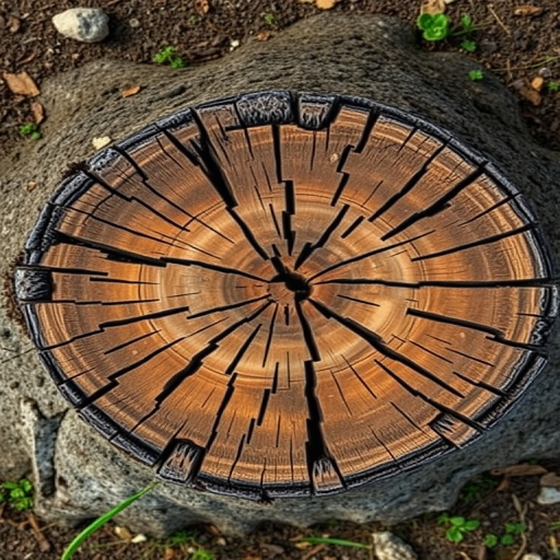 Create a high-resolution image of a cracked tree stump from a top-down perspective, using a DSLR camera with a 50mm lens, aperture set to f/2.8, ISO 100, and natural lighting to enhance texture and detail.
