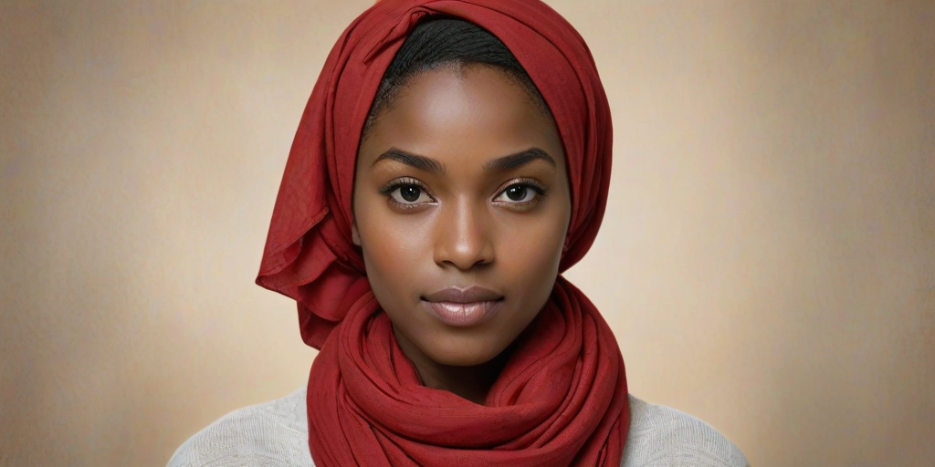 Create a portrait of a young African American woman with long, dark hair and captivating hazel eyes. She is wearing a red headscarf and a matching scarf draped gracefully around her neck. The background is softly blurred, focusing attention on her serene and natural expression. The overall color palette is muted and warm, enhancing the intimate and authentic feel of the portrait.