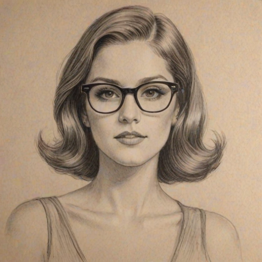 Ravishing Cassadee Pope, pencil sketch, portrait of Enticing woman 1934s in glasses, hair style beatnik, outline, clear lines, fine lines, 8k
