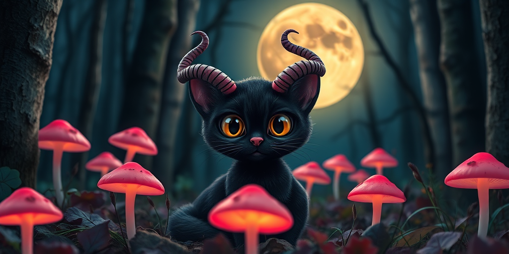 A whimsical black cat with large expressive eyes and curled horns sitting in a mystical forest at night, surrounded by glowing pink mushrooms, with a full moon in the background, captured with a DSLR camera at f/1.8 aperture, 50mm lens, ISO 100, 1/100 sec exposure, in a portrait view with vibrant colors and high contrast.