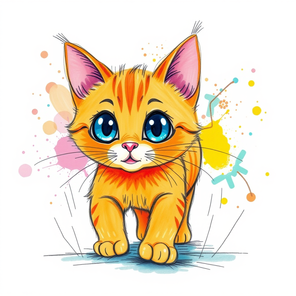 A vibrant childs coloured pencil drawn illustration of a bright orange cat with large, expressive blue eyes, a very cute style. The cat appears to be walking towards the viewer, surrounded by an abstract splash of colors and fine black lines, giving the image a dynamic and artistic flair. The background is a soft beige, highlighting the cat's vivid coloration and playful demeanor. Naively drawn scratchy line style.