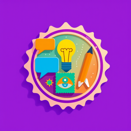 create a colorful vector illustration of a stamp with a speech bubble, light bulb, eye, and pencil icons, using a flat design style, captured with a Canon EOS R5 at f/8, ISO 100, 1/250 sec, vibrant colors against a purple background, focus on sharp details and smooth lines