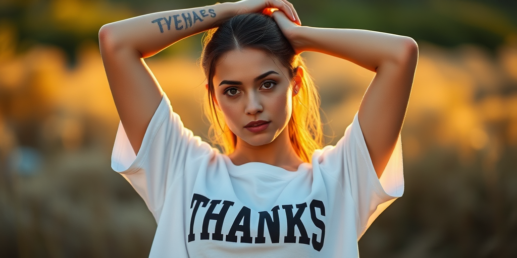 Regenerate the image of a female model posing with her arms above her head, wearing a cropped white shirt with "THANKS" printed on it, in soft golden hour lighting, using a Canon EOS R5 camera with a 50mm f/1.2 lens, aperture at f/1.2, shutter speed at 1/200s, ISO 100, in portrait orientation, with a focus on the model and a softly blurred background for depth.