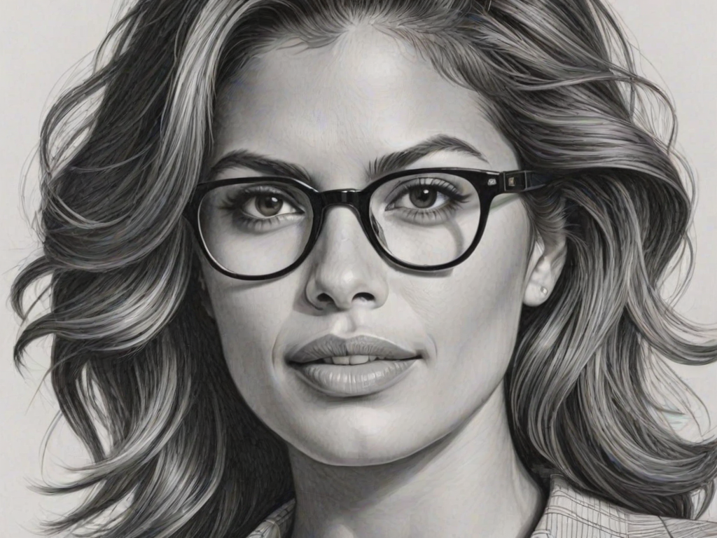 Delightful Eva Mendes, pencil sketch, portrait of Enchanting woman 1969s in glasses, hair style beatnik, outline, clear lines, fine lines, 8k