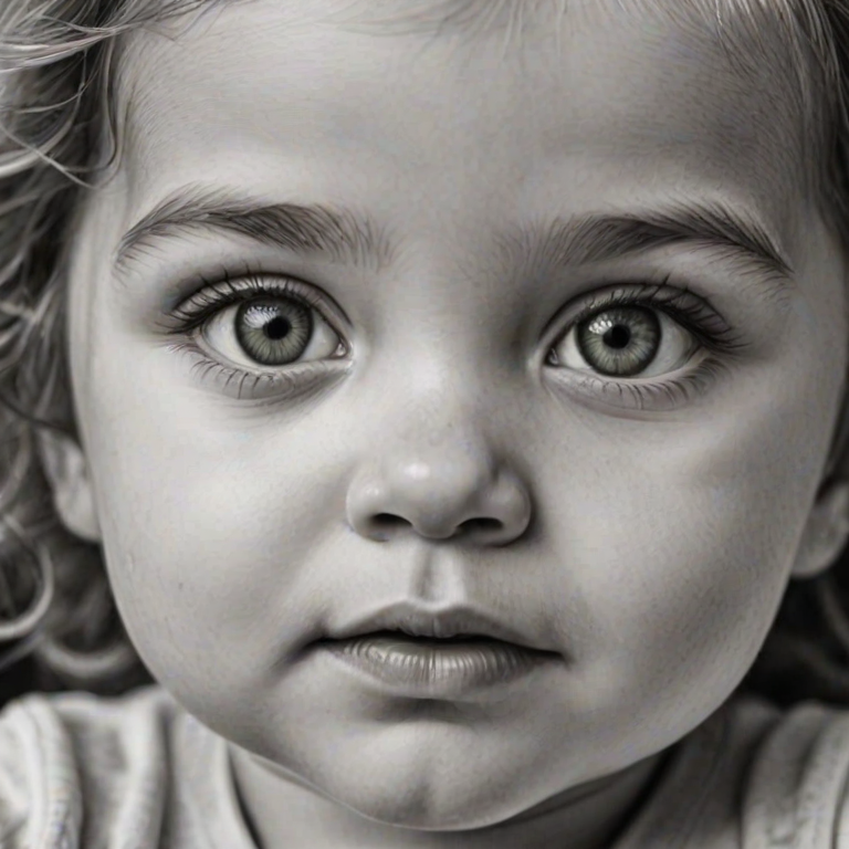 A hyperdetailed photorealistic black and white sketch of a beautiful toddler with deep green eyes, with a macro focus