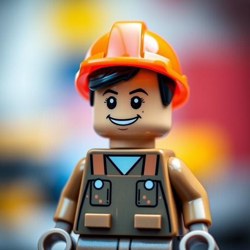 Create a vibrant image of a cheerful LEGO construction worker figure wearing an orange hard hat and overalls, captured with a DSLR camera at f/2.8 aperture, 1/200 sec shutter speed, ISO 100, using a macro lens for detailed close-up, with a soft-focus background for depth.