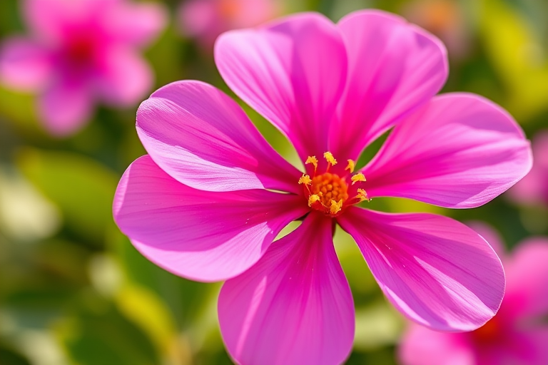 Create a vibrant illustration of a pink flower with five petals and a yellow center, using a wide aperture of f/2.8 for a shallow depth of field, a close-up view to highlight details, a high-resolution digital camera setup, and vibrant colors to enhance the overall quality.
