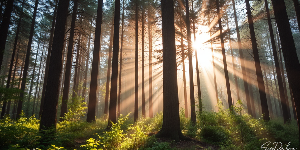 forest scene with sunlight filtering through tall trees, soft green foliage, ethereal mist, captured with a DSLR camera, f/2.8 aperture, 1/125 sec shutter speed, ISO 200, wide-angle lens, natural lighting, high dynamic range.