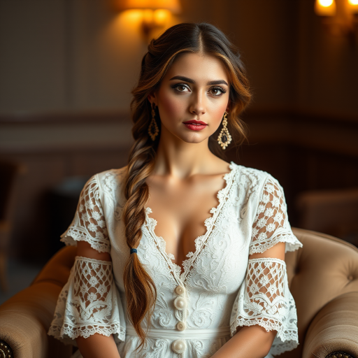 Create a portrait of a refined and elegant Kurdish woman seated in a sophisticated setting. She has long, wavy hair styled in two thick braids that are pulled over her shoulders. She wears a white, lace gown with intricate patterns, featuring a deep V-neckline and short sleeves. The dress exudes a vintage charm with its delicate lacework. She is adorned with ornate, dangling earrings that add a touch of glamour to her appearance. The background is softly lit, with warm, ambient lighting that creates a cozy and inviting atmosphere. Her expression is poised and serene, capturing a sense of grace and elegance.