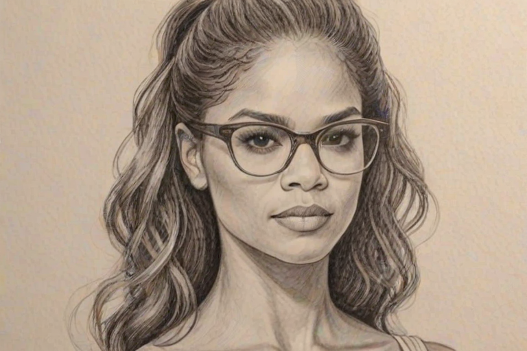 Captivating Misty Copeland, pencil sketch, portrait of Lovely woman 1972s in glasses, hair style beatnik, outline, clear lines, fine lines, 8k
