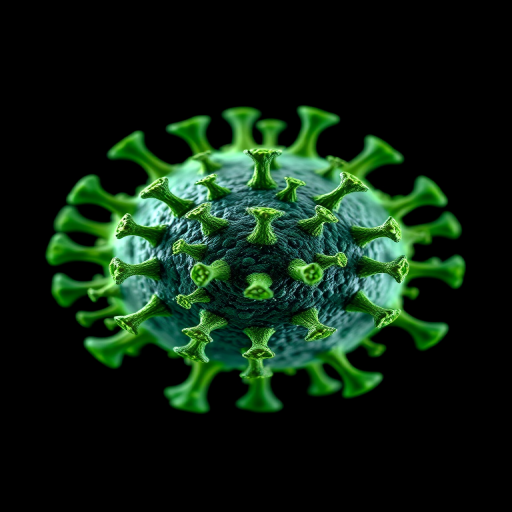 highly detailed 3D render of a green virus on a black background, macro shot, f/8 aperture, 1/100 sec shutter speed, ISO 400, using a Canon EOS 5D Mark IV, focus stacking technique, softbox lighting for even illumination